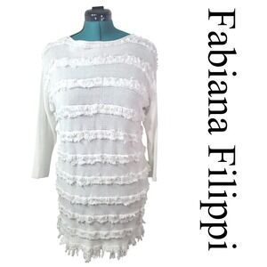 Fabiana Filippi White Textured Fringe Knit Tunic Dress Made in Italy 3/4 Sleeve